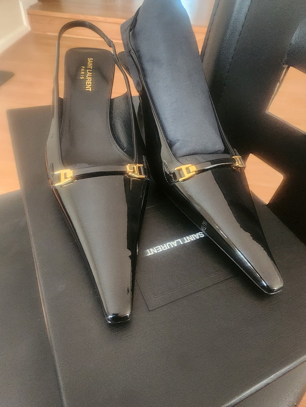 Saint Laurent Black Patent Leather Pointed Slingback Mules with Gold Hardware